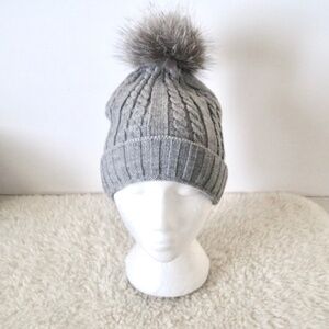 Cable Knit Beanie with Fox Pom Pom